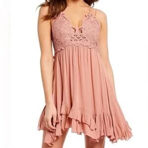 Free People Adella Rose Pink Lace Slip Mini Dress Boho NWT Size S
